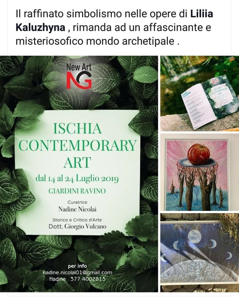 Poster for Liliia Kaluzhyna’s exhibition at Giardini Ravino, Ischia, July 2019, featuring her works Thoughts about Life and Under the Moon.