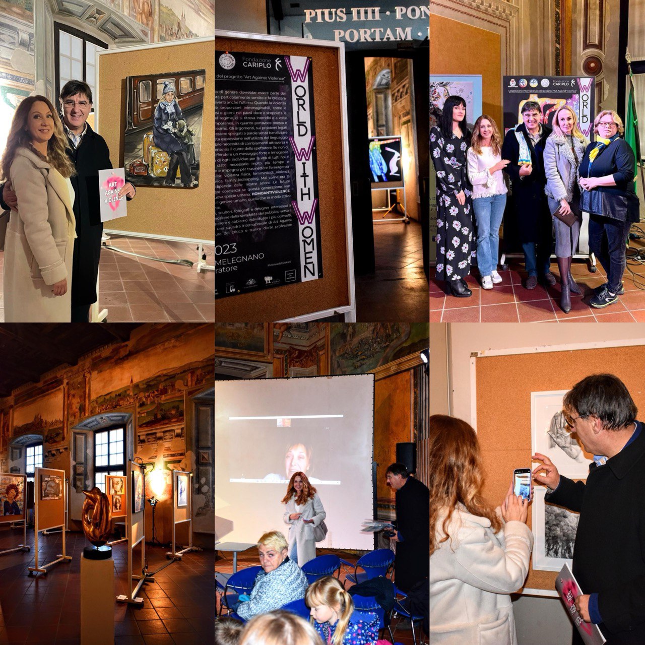 Collage di foto della mostra "Il mondo con le donne. Arte contro la violenza" a Melagniano, Italia, novembre 2023. È esposta l'opera "Emigrante" di Liliia Kaluzhyna.