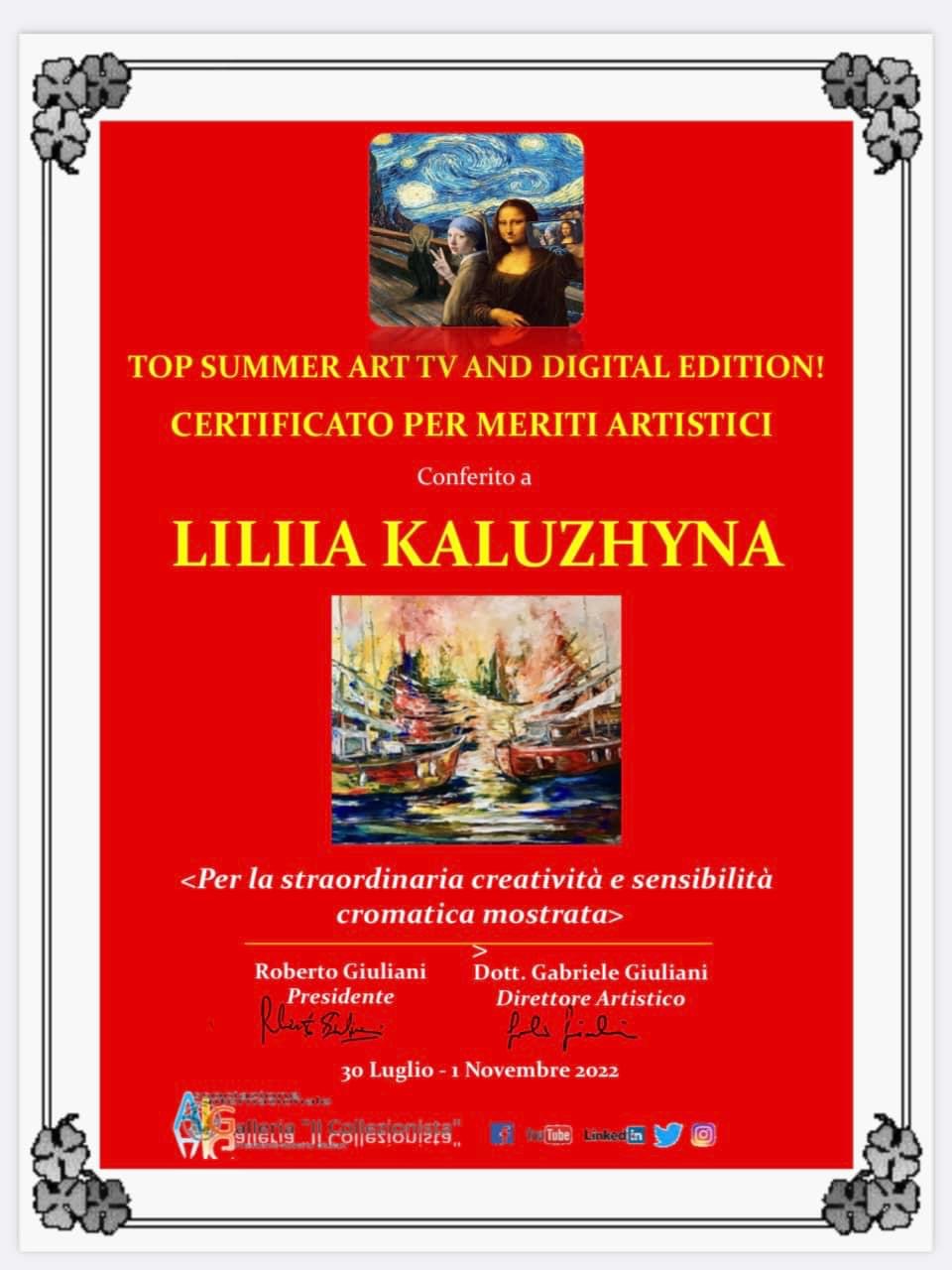 Certificato assegnato a Liliia Kaluzhyna per meriti artistici al TOP SUMMER ART TV e Digital Edition 2022 con il dipinto "Il Molo".