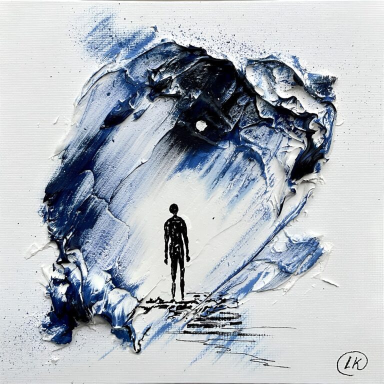 Viaggio Interiore, opera minimalista in tecnica mista con una figura solitaria sotto la luna, simbolo di introspezione e ricerca del proprio scopo.