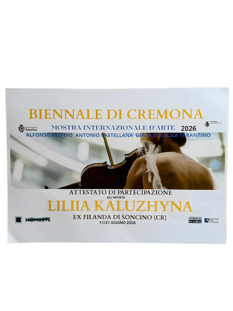 Attestato di partecipazione di Liliia Kaluzhyna alla Biennale di Cremona 2026 presso l’Ex Filanda di Soncino.