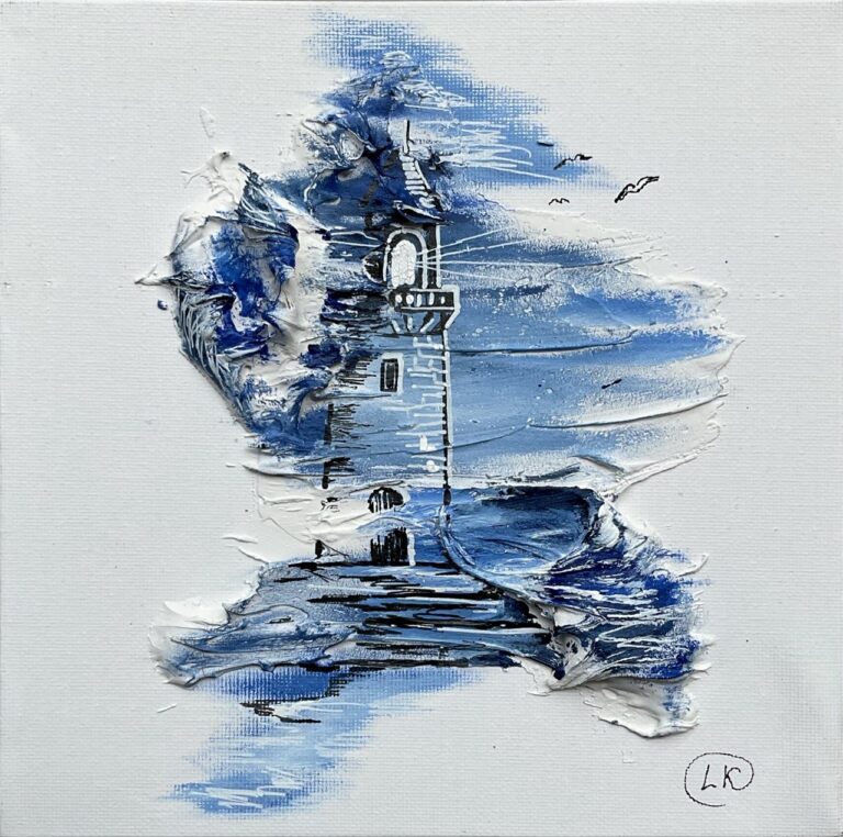 Quadro materico in miniatura blu e bianco con faro sul mare, barca e uccelli in volo